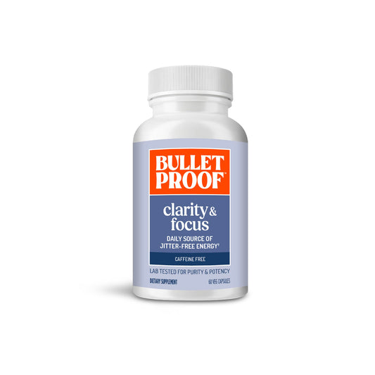 Bulletproof Clarity + Focus bottle front view highlighting caffeine-free mental clarity support.