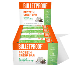 Bulletproof Coconut Chocolate Protein Crisp Bars pack for on the go high protein snacking.
