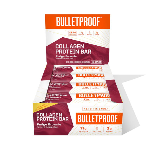 Bulletproof Fudge Brownie Collagen Bar box 12-count for on-the-go fuel.