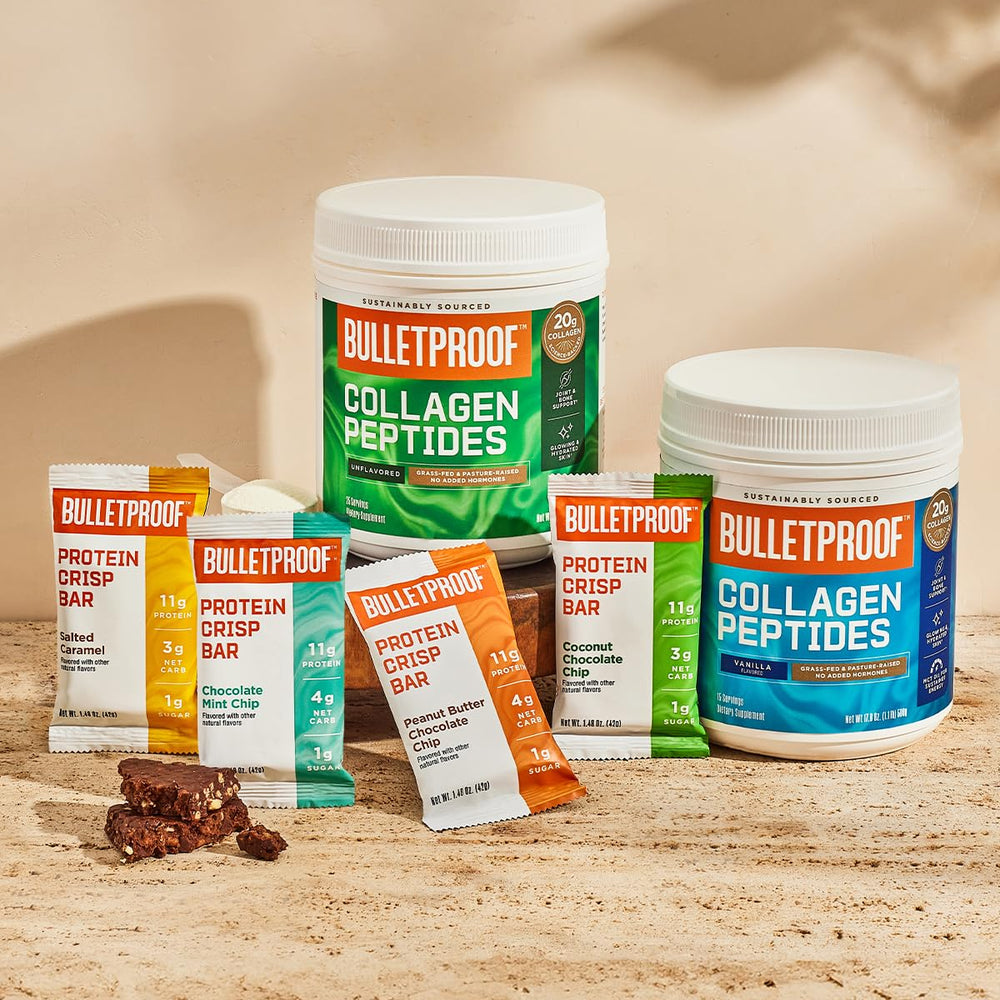 Bulletproof Fudge Brownie Collagen Bar serving plate suggests quick snack.