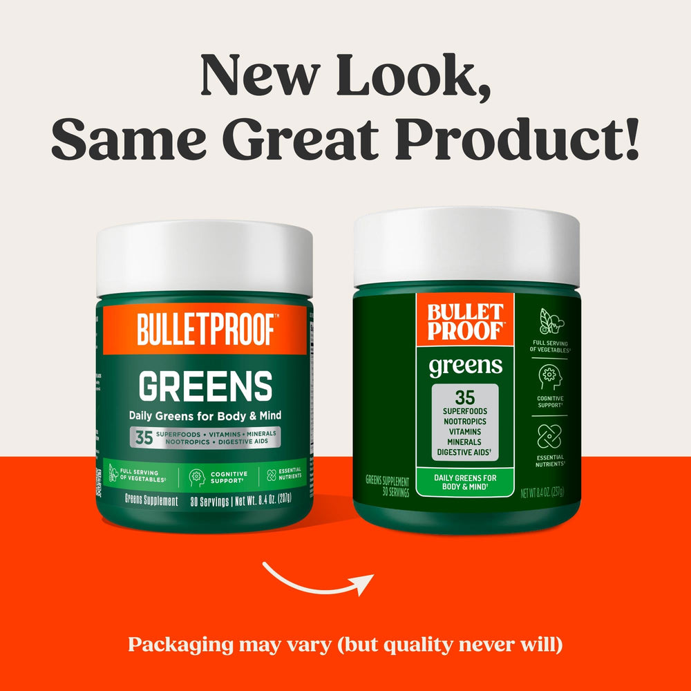 Bulletproof Greens label close-up showing ingredients and sugar-free taste