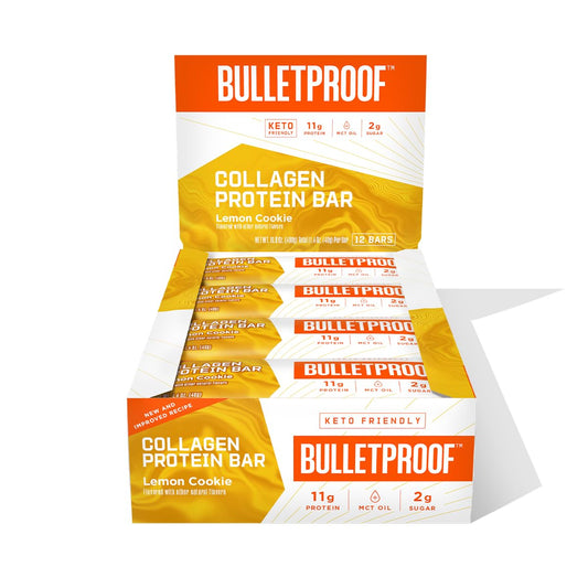 Bulletproof Lemon Cookie Bar pack on kitchen counter, convenient on-the-go snack.