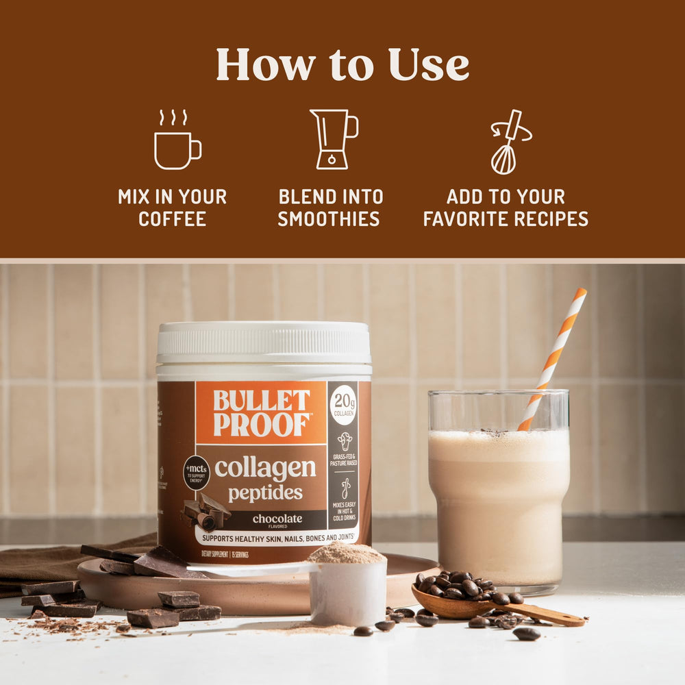 Bulletproof MCT oil bottle beside a smoothie for keto-friendly energy.