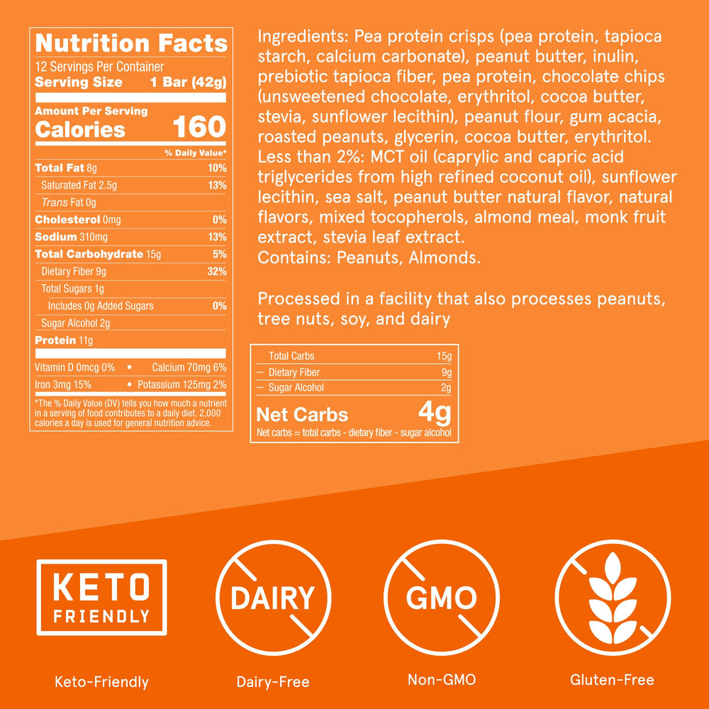Bulletproof Protein Crisp Bar close-up shows chips and nut texture for rich flavor.