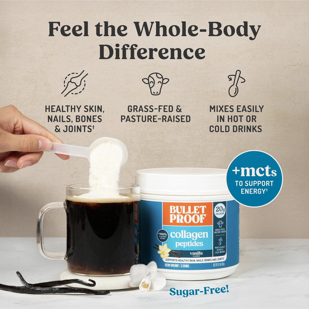 Bulletproof Vanilla Collagen Peptides powder blended into smoothies