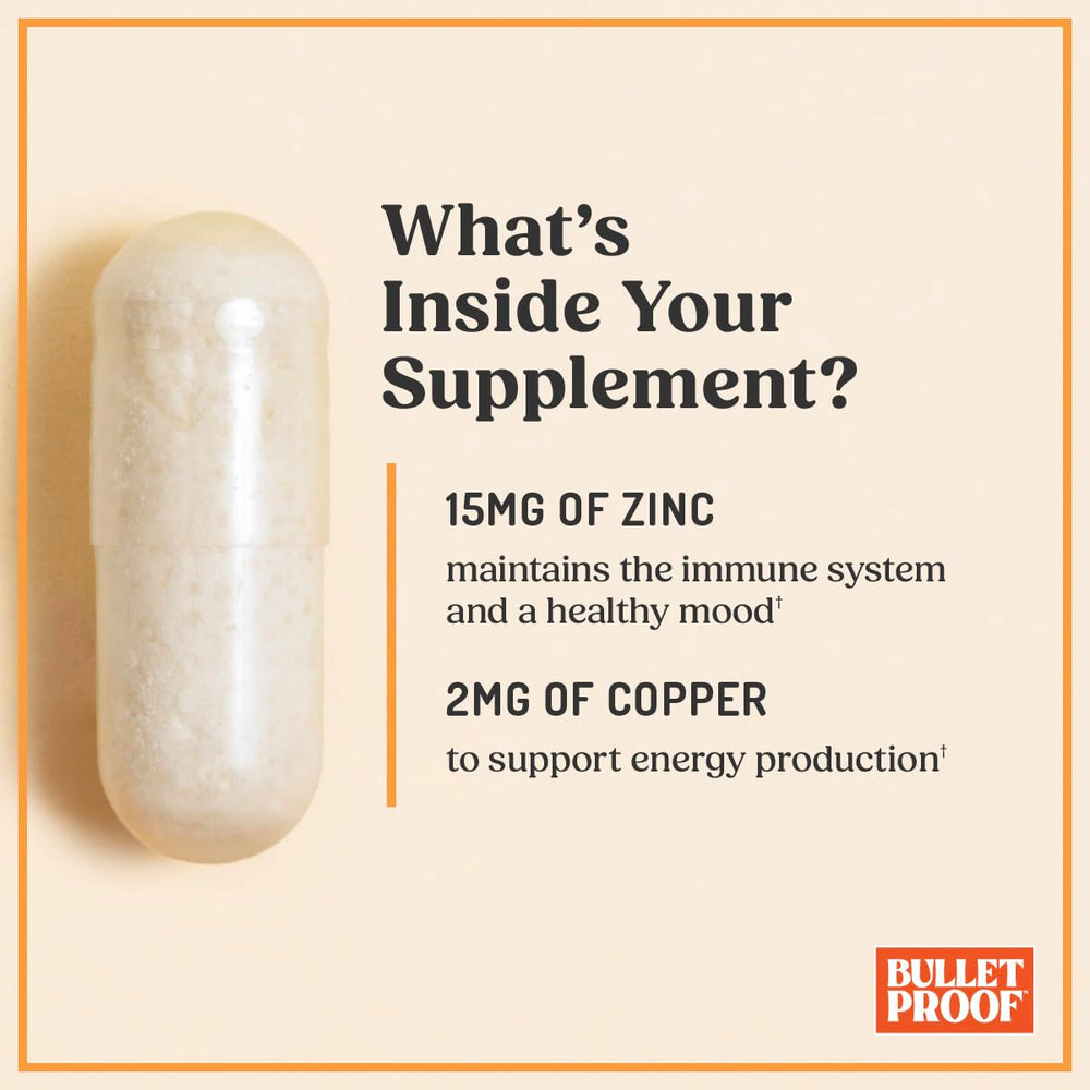 Capsules pouring from Bulletproof Zinc with Copper into a glass for easy daily intake