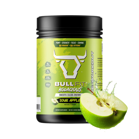 BullFit Bodacious Pre-Workout bottle pouring Pina Colada for crisp focus and sustained energy.