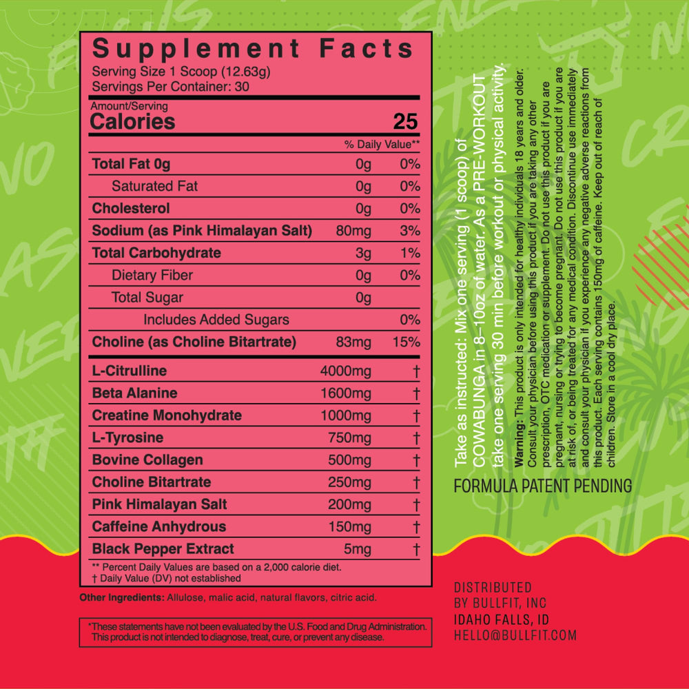 Bullfit pre-workout tub label open showing no artificial colors or sucralose