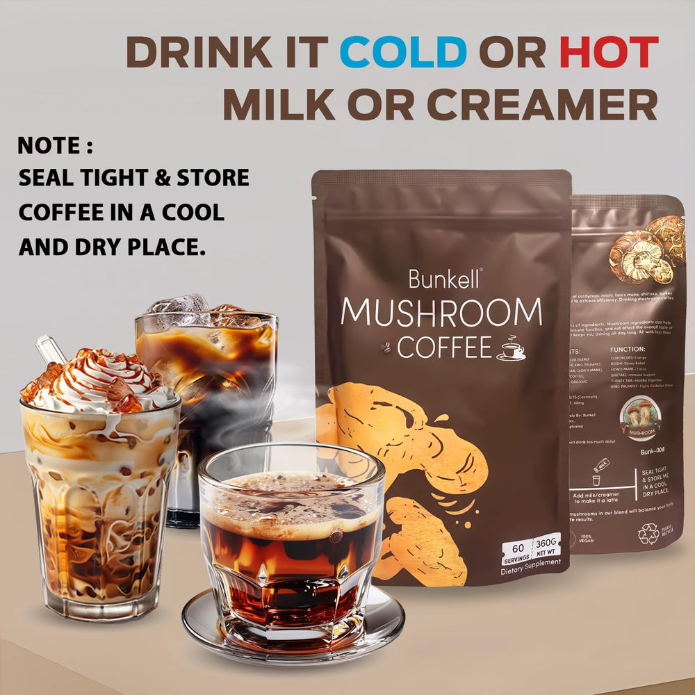 Bunkell Mushroom Coffee coffee-beans-arabica highlighting smooth flavor and aroma.