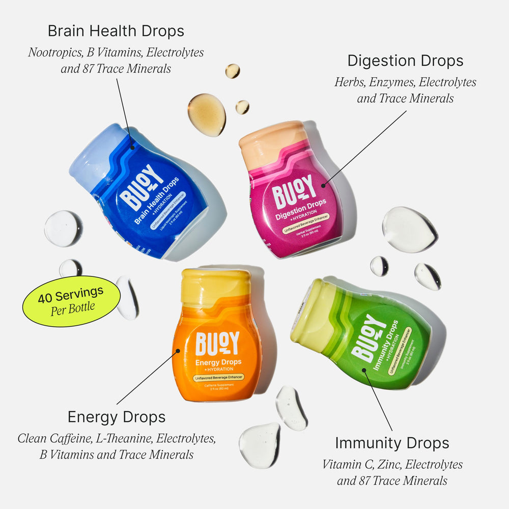 Buoy Electrolyte Drops variety-pack bottle pour shows quick dissolve use
