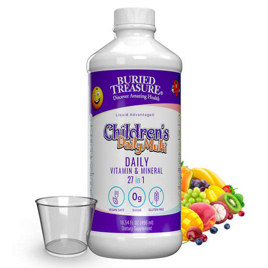 Buried Treasure children's liquid multivitamin with dose cup for precise daily portions.