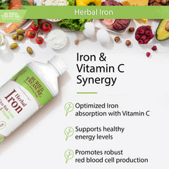 Buried Treasure Herbal Iron ingredients like Baobab and Spinach displayed for nutrient-rich greens.