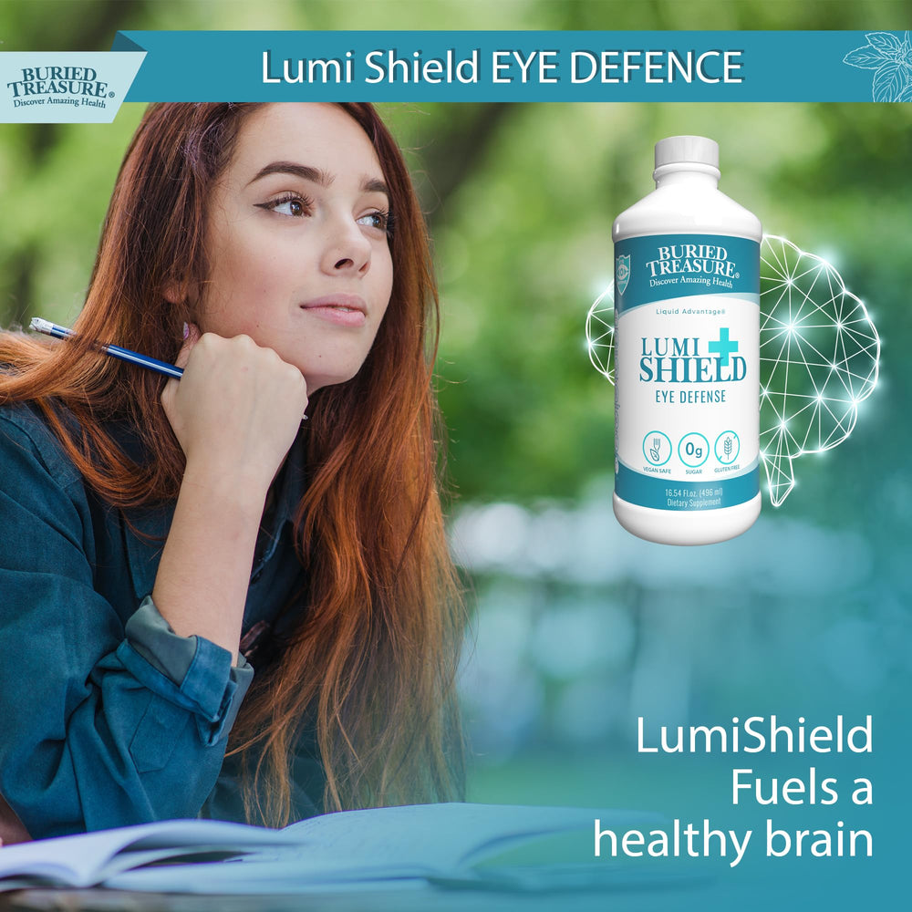 Buried Treasure LumiShield Plus peppermint bottle on kitchen counter illustrating daily routine.