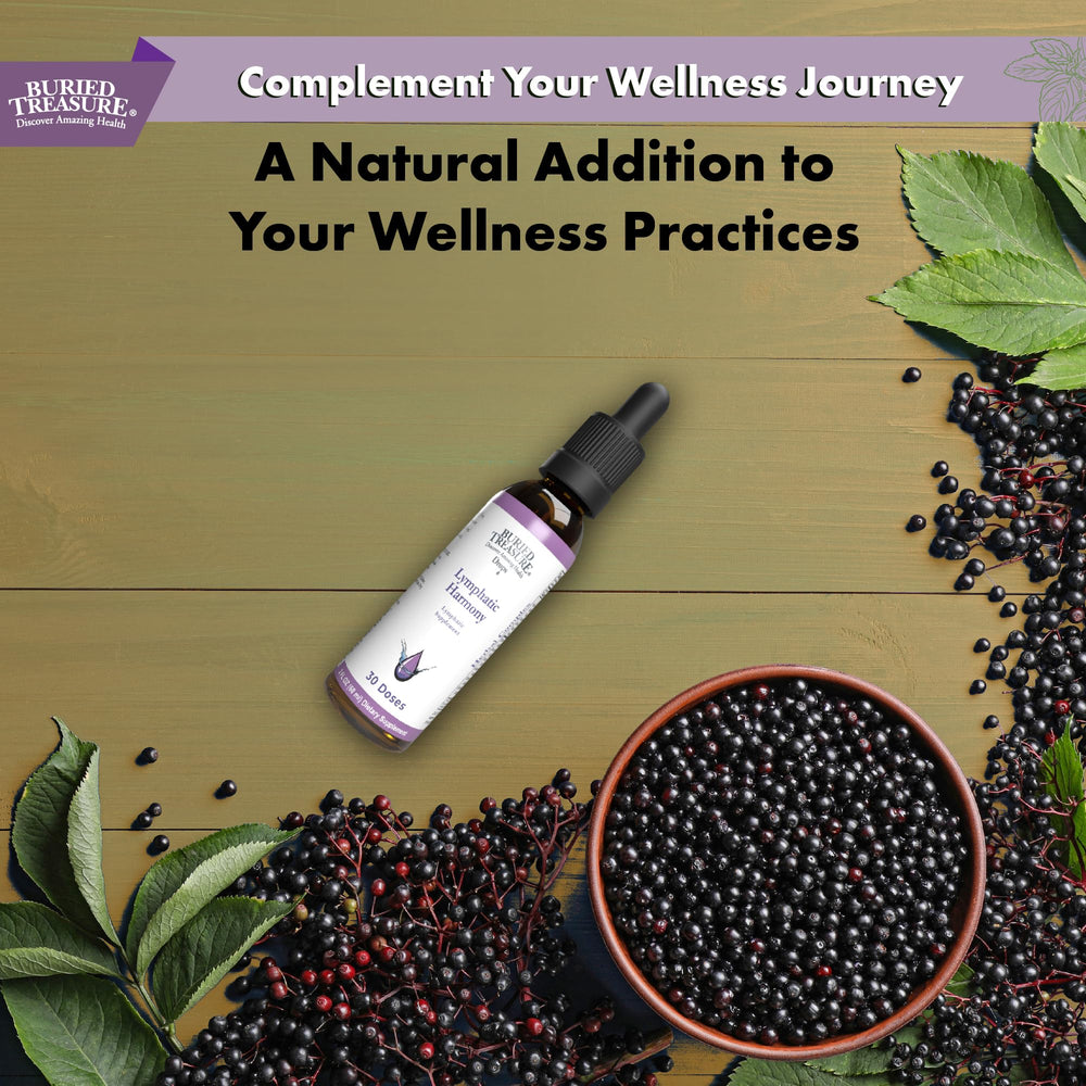 Buried Treasure Lymphatic Harmony Drops shown with dropper for spill-free, user-friendly dosing.
