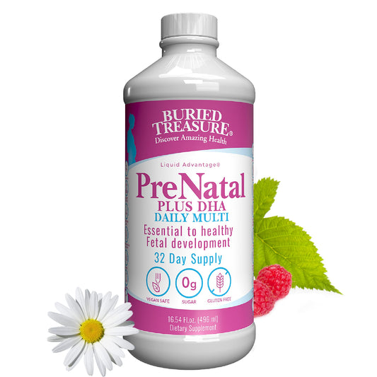 Buried Treasure Prenatal Plus DHA bottle front highlights plant-based DHA for pregnancy.
