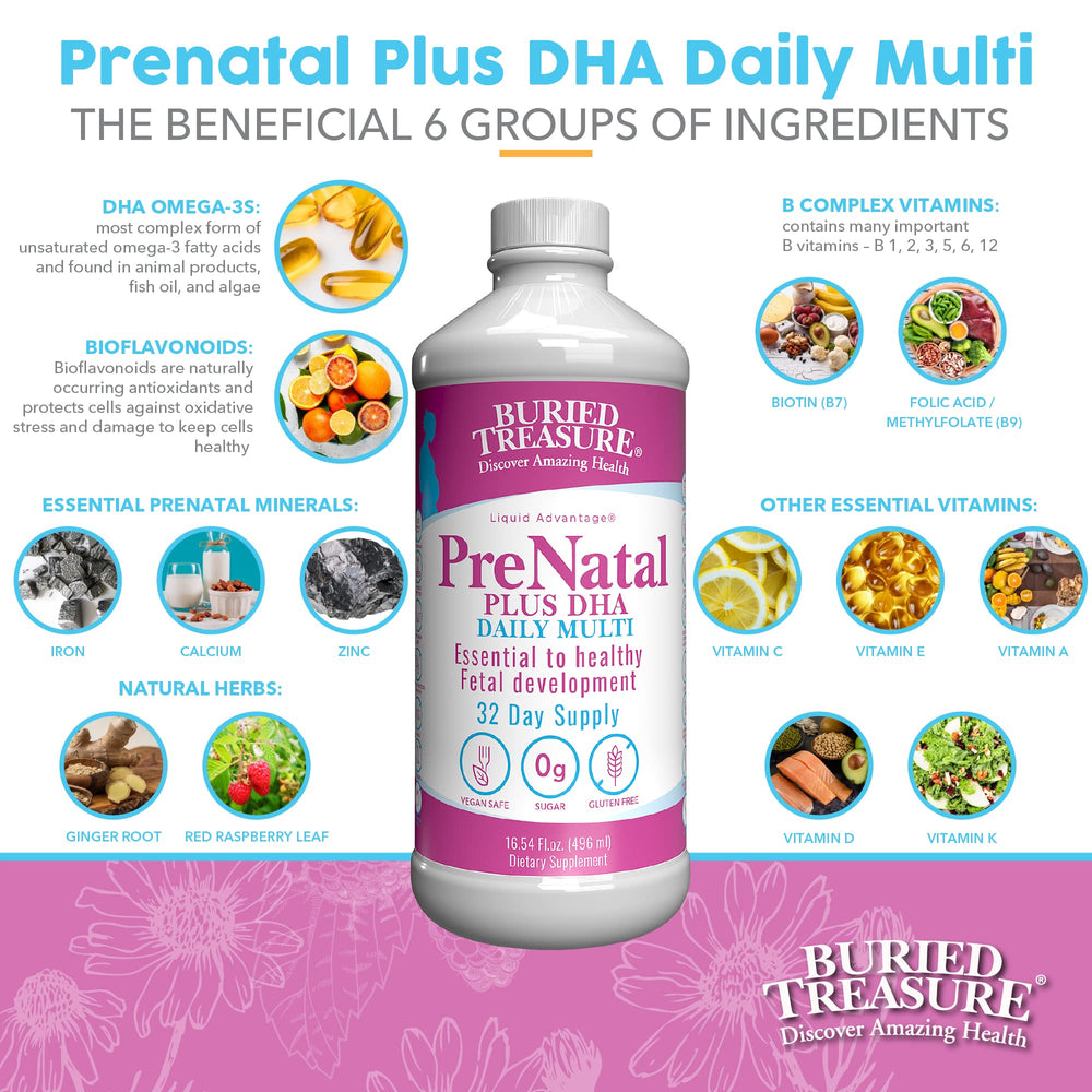 Buried Treasure Prenatal Plus DHA dosing spoon included for convenient administration.