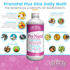 Buried Treasure Prenatal Plus DHA dosing spoon included for convenient administration.