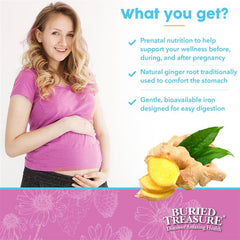 Buried Treasure Prenatal Plus DHA liquid appearance shows gentle, easy-to-swallow formula.