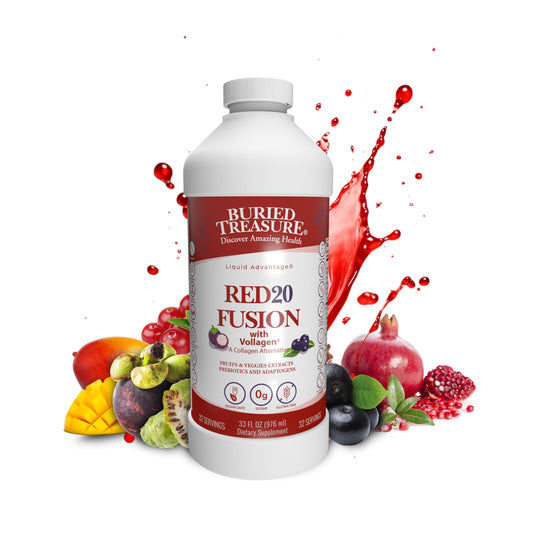 Buried Treasure Red20 Fusion bottle with acai, beets, blueberry for a natural energy boost.