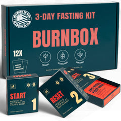 BurnBOX 3 Day Fasting Kit packaging shows a practical fasting solution for weight management.