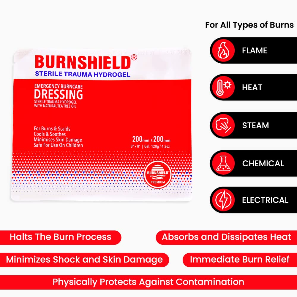 Burnshield hydrogel dressing cooling on contact eases burn discomfort.
