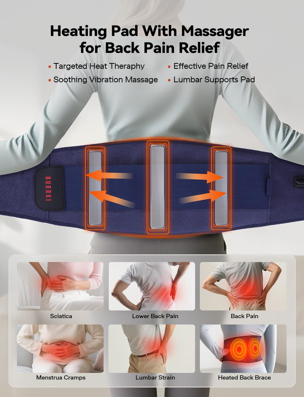 Burrki heat and massage controls shown for customized comfort.