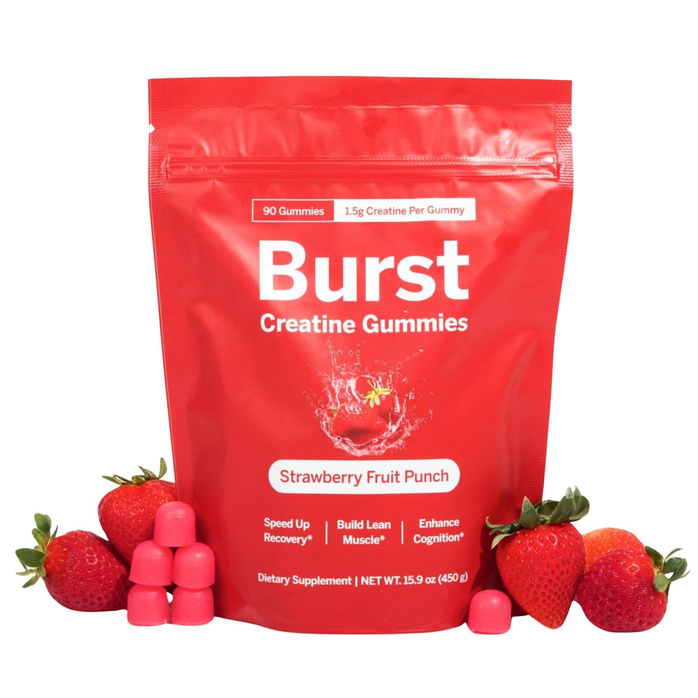 Burst Creatine Gummies pack shot showing a 90-count bottle for lean muscle support.