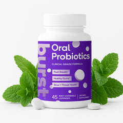 Burst Dental Probiotics bottle front view, 45-count supply for daily oral balance.