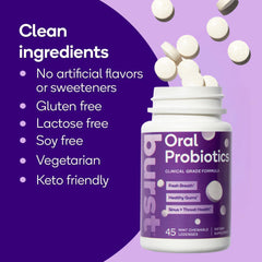 Burst BLIS K12 and M18 focus visual showing probiotic strains and oral health benefits.