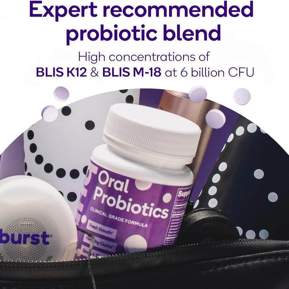 Burst Dental Probiotics bottle label detail with BLIS K12 and M18 branding.
