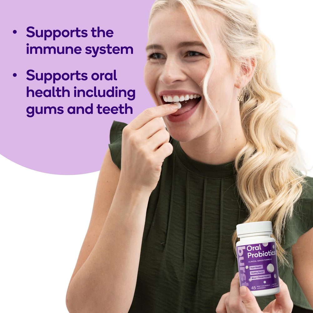 Burst Dental Probiotics mint tablet closeup emphasizing chewable, refreshing flavor.