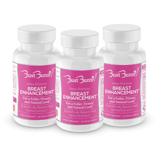 Bust Bunny breast enhancement pills bottle for daily use, plant-based vegan formula.