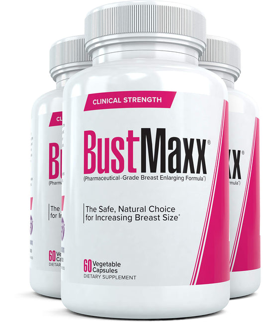 BustMaxx capsules bottle front view illustrating a natural enhancement option for daily wellness.