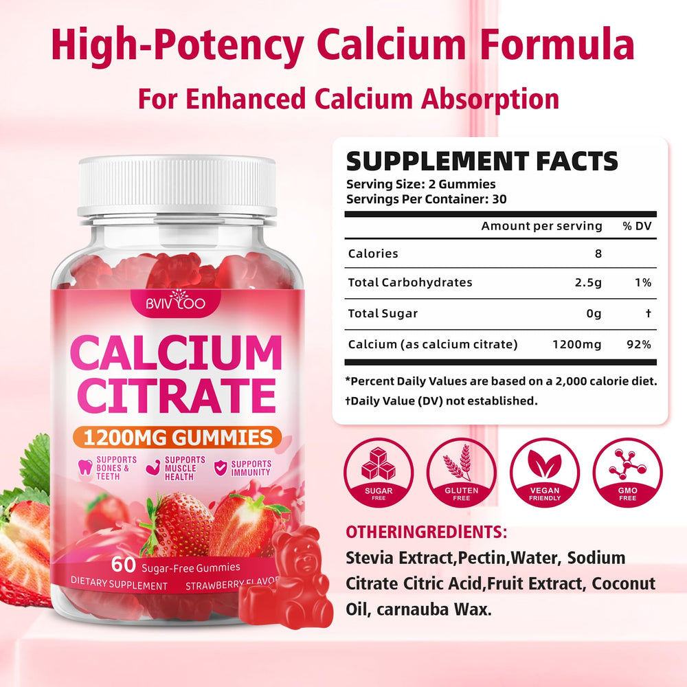 BVIVLOO calcium citrate gummies bottle label close-up showing 1200 mg dosage