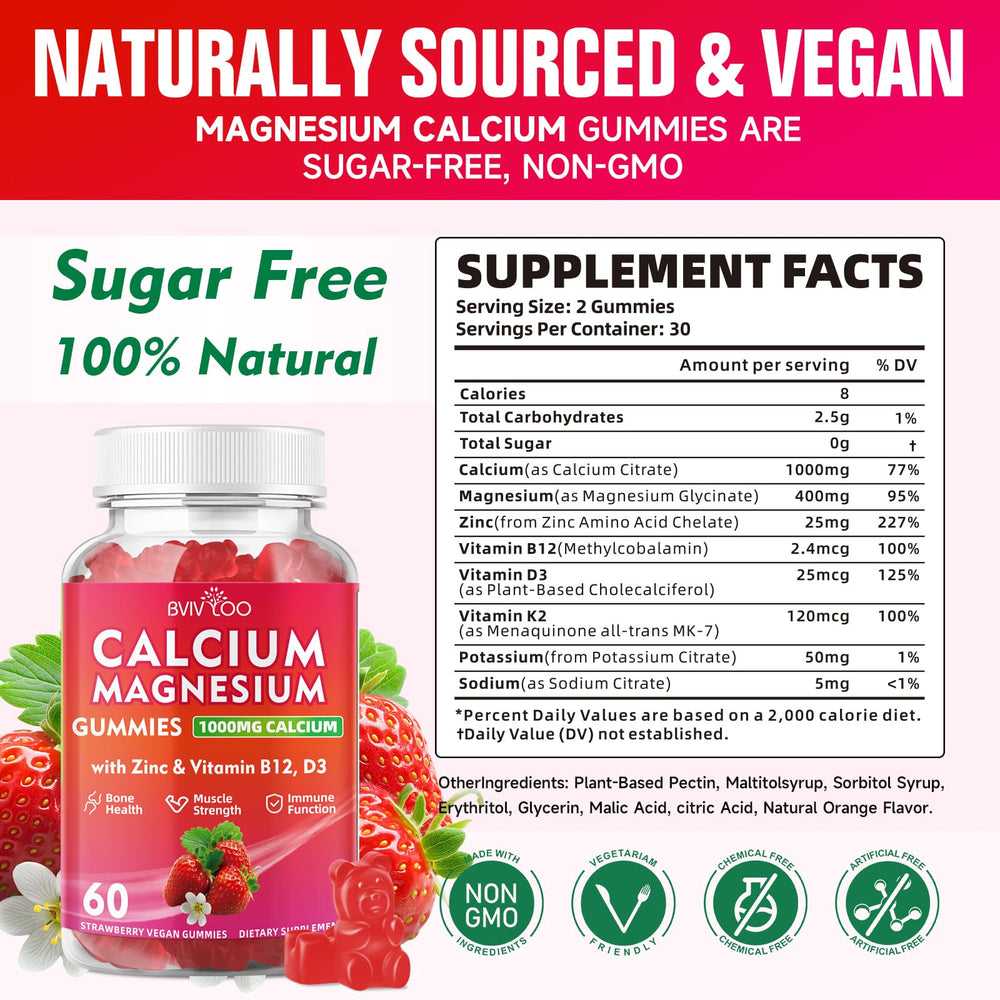 BVIVLOO Calcium Gummies ingredients panel highlights D3, K2, magnesium, and zinc.