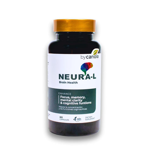 BY CARIOLA Neural-L bottle close-up highlighting focus-support capsules.