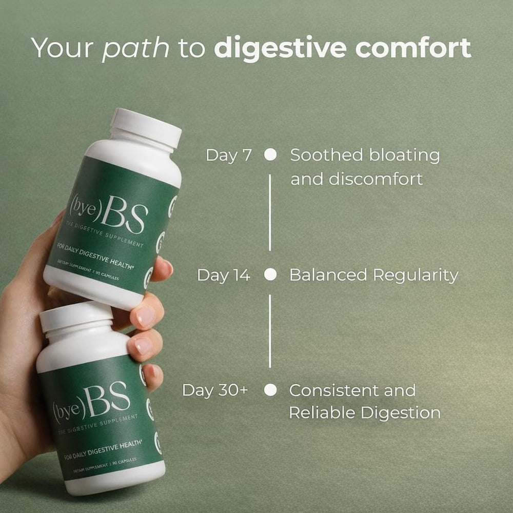 ByeBS Digestive Support label closeup emphasizing natural formulation for digestion.