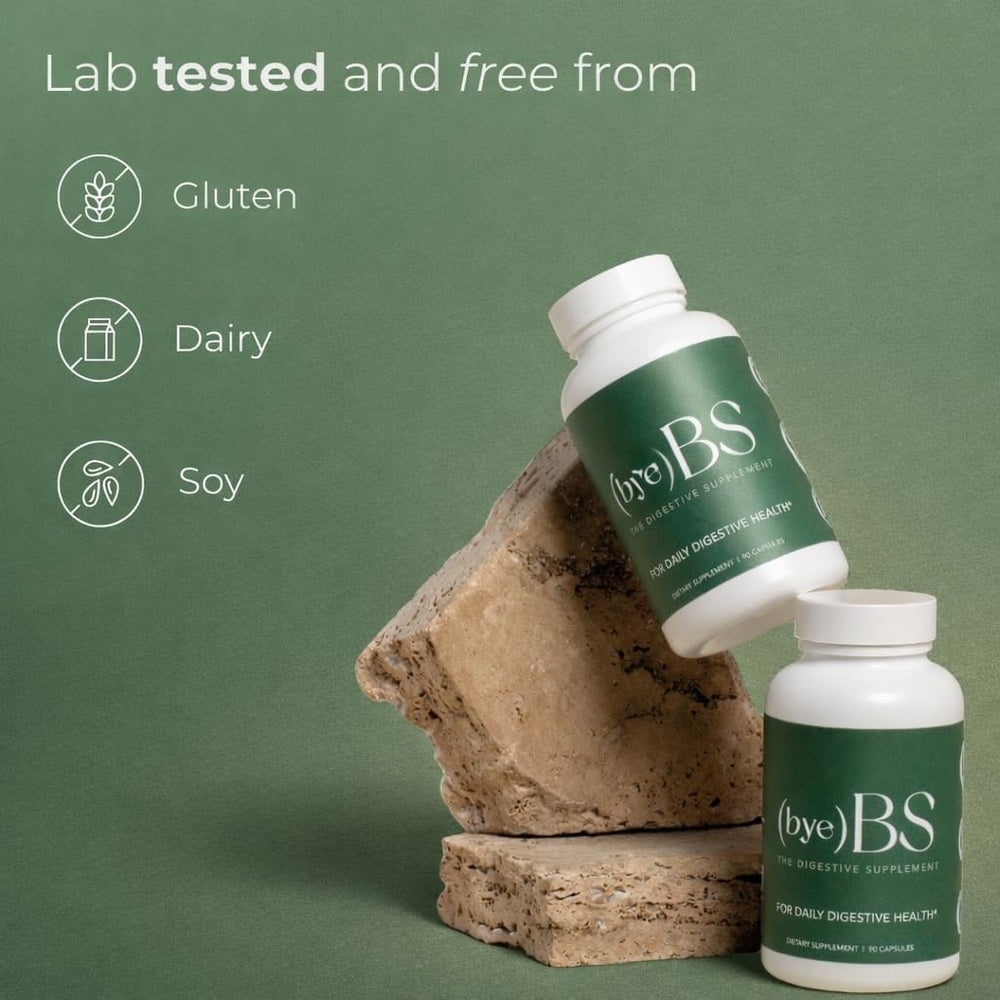 ByeBS Peppermint extract capsule illustrating relief from bloating and gas.