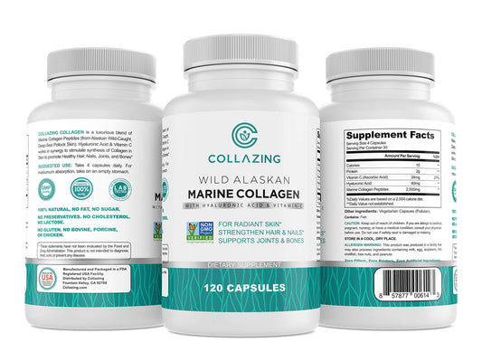C COLLAZING marine collagen bottle on a countertop for daily skin support.