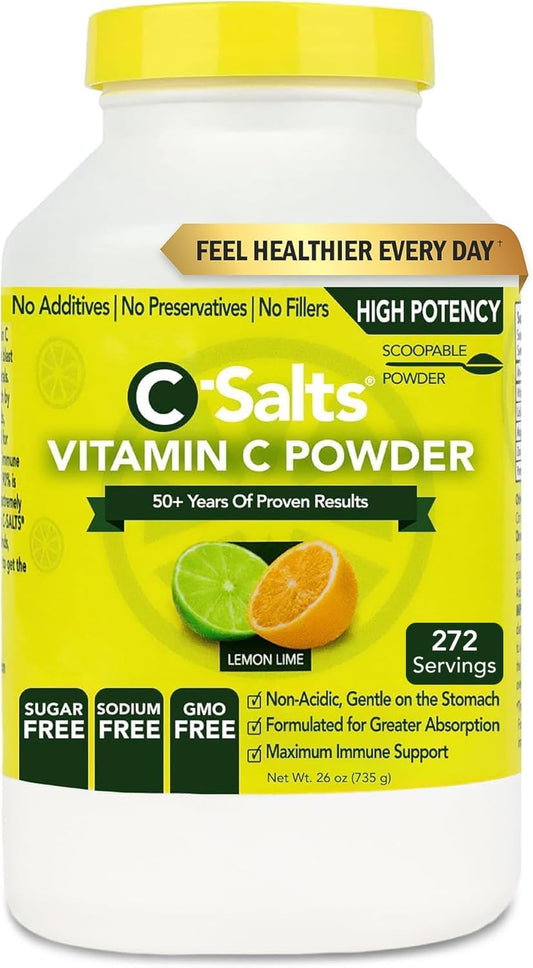 C-Salts Vitamin C Powder bottle front view with lemon-lime flavor for daily immune support