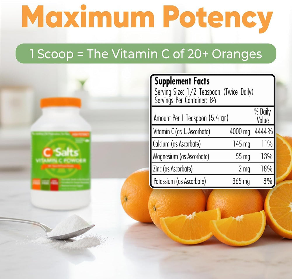 C-Salts vitamin C powder packaging shows 84 servings for ongoing use.