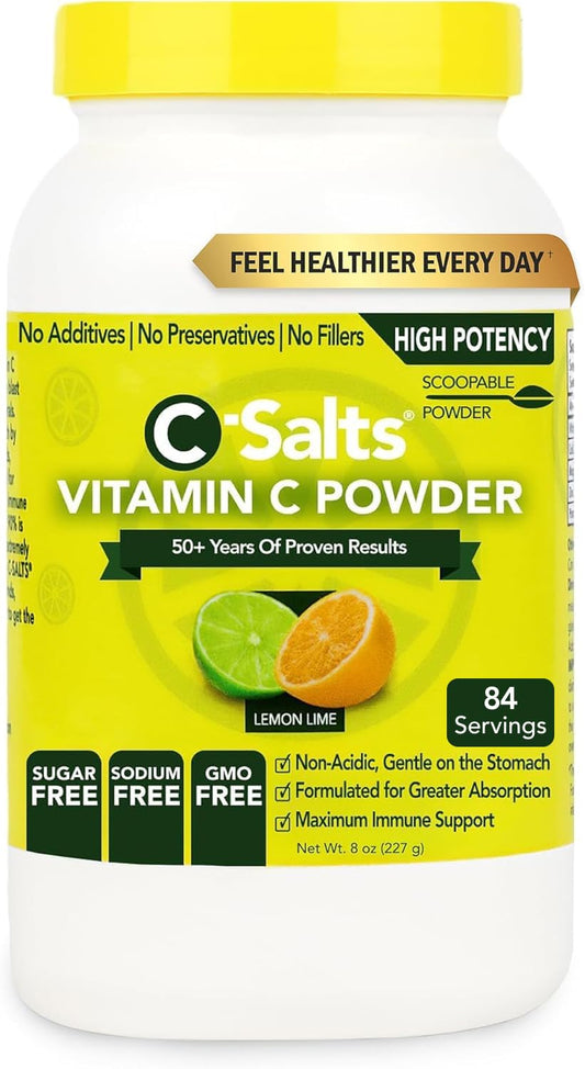 C-Salts Vitamin C Powder bottle shown for daily immune support and convenience
