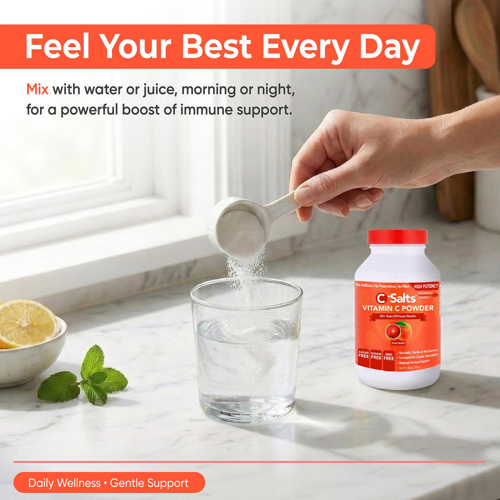 C-Salts measuring scoop with powder highlights convenient serving control.