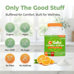 C-Salts Vitamin C Powder serving tips image illustrates flexible dosing for family use