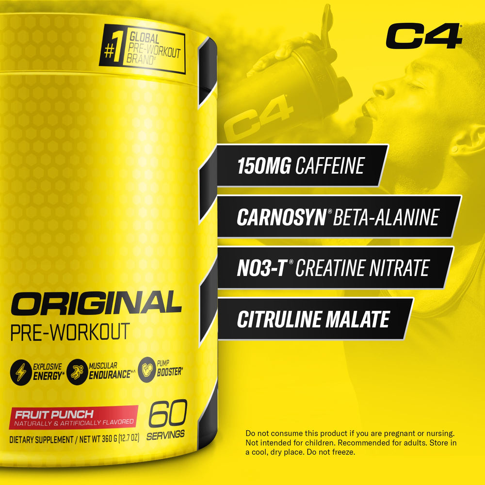 C4 Original Fruit Punch scoop beside water ready for pre-workout energy.