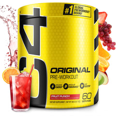 C4 Original Fruit Punch tub label highlights caffeine boost for quick energy.