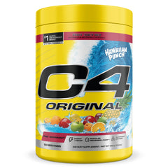 C4 Original Hawaiian Punch bottle close-up shows energizing pre-workout formula for workouts.