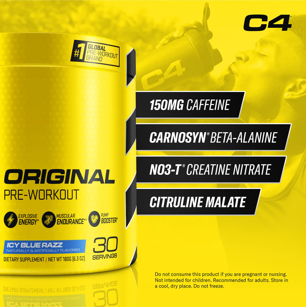 C4 Original Icy Blue Razz tub label highlights a sugar-free energy formula for workouts.
