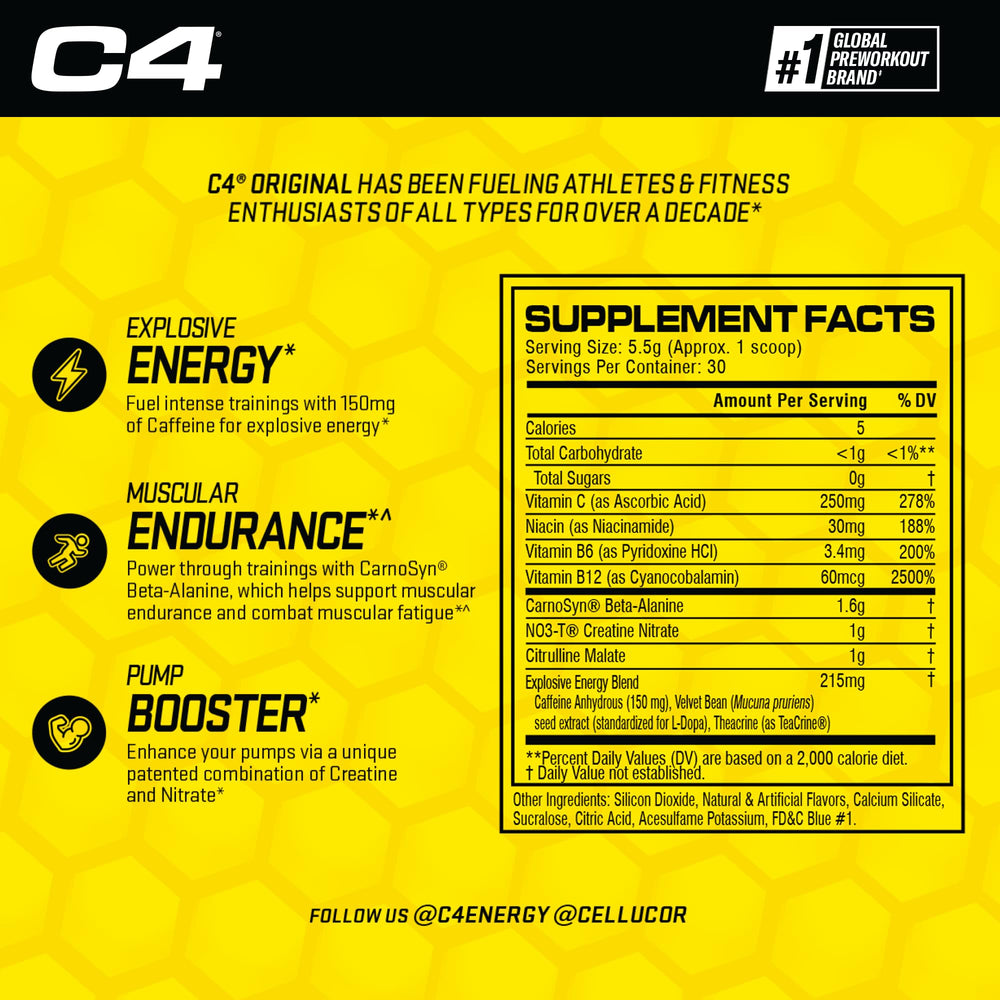 C4 Original pre-workout ingredients blend highlights key performance compounds.