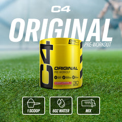 C4 Original pre-workout cherry limeade jar beside supplements for daily use